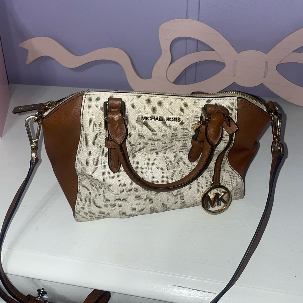 Michael Kors Brown and Ivory MK Logo Satchel with Gold Hardware